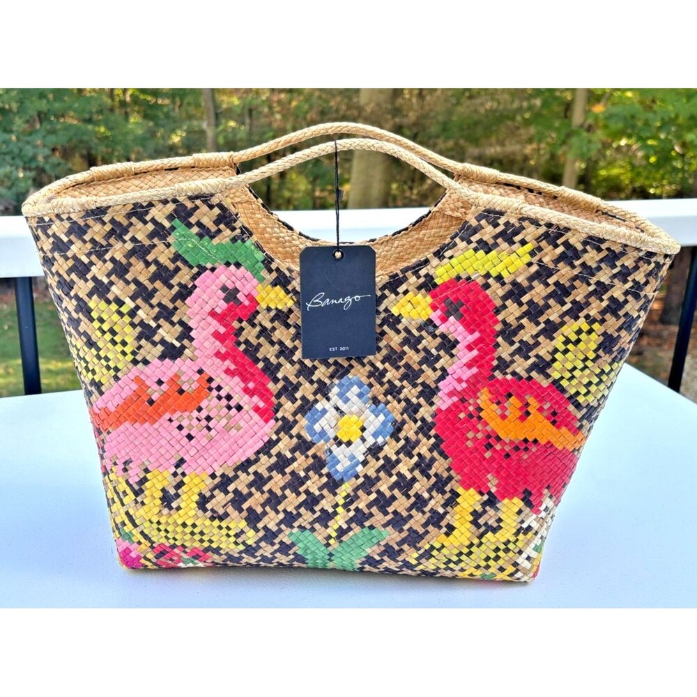 Banago Zippered Large Tote Artisan Hand Crafted Woven Straw Flamingo Liliana NWT